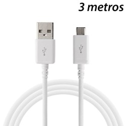 Cable de Carga y Datos Micro USB Blanco 3 Metros para Móvil y Tablet