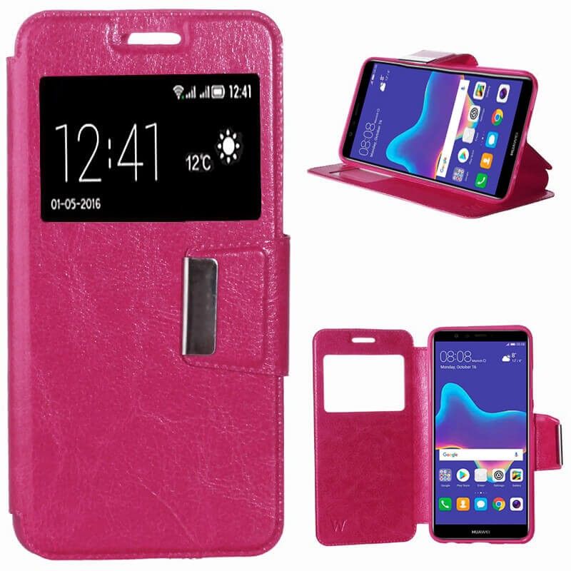 Funda libro Flip Cover Tapa, Ventana y Soporte Huawei Y9 2018 Rosa