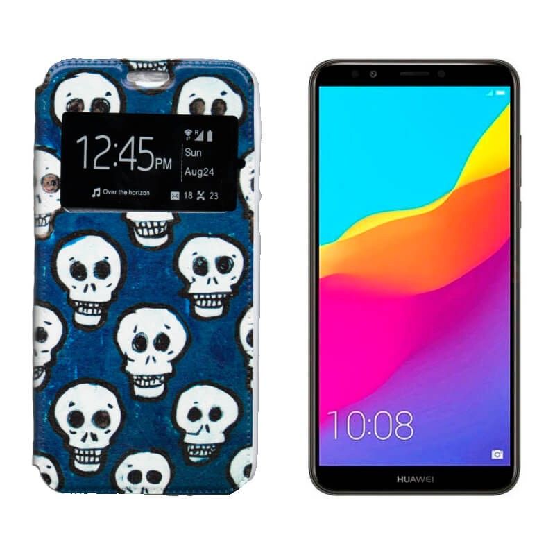 Funda de libro con Tapa y Ventana para Huawei Y7 2018 Dibujo Carabelas