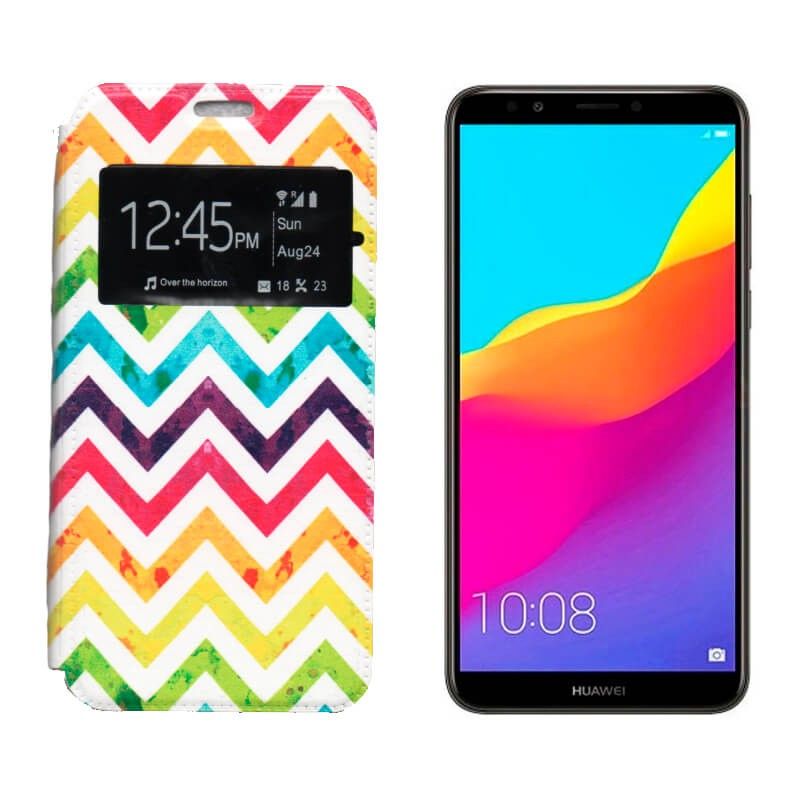 Funda de libro con Tapa y Ventana para Huawei Y7 2018 Dibujo Rayas de Colores