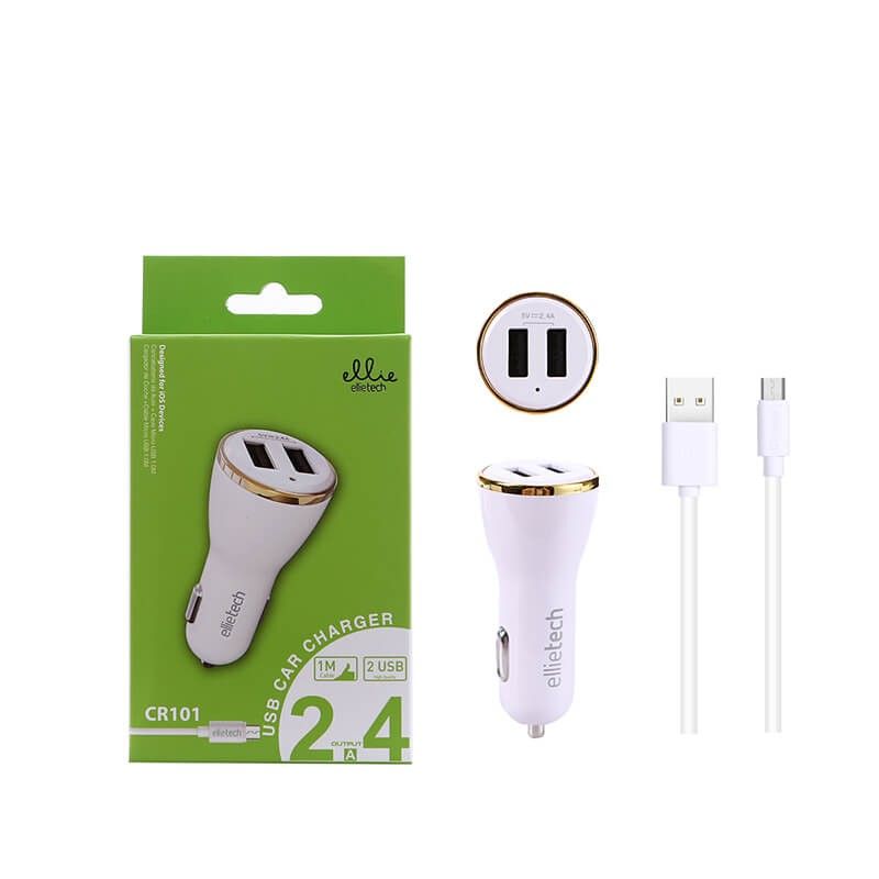 Cargador Coche Dos Usb 2.4A CR101 Ellietech Carga Rápida Blanco y Oro