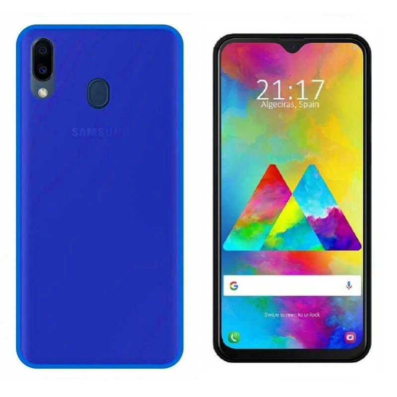 Funda silicona Samsung Galaxy M20 azul, trasera mate semitransparente 