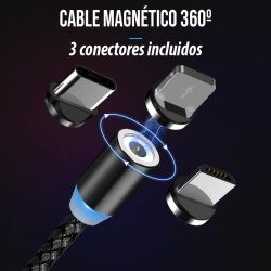 Cable Magnético de 3A con 3 conectores, Micro USB, USB C y lightning