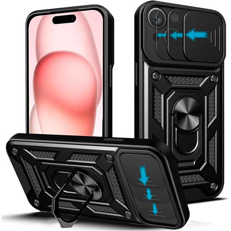 Funda Slide Armor con tapa para cámara y anillo metálico con soporte iPhone 15