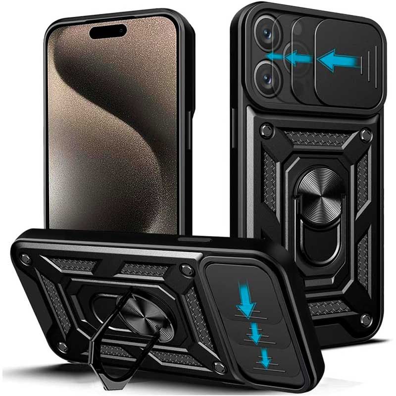 Funda Slide Armor con tapa para cámara y anillo metálico con soporte iPhone 15 Pro
