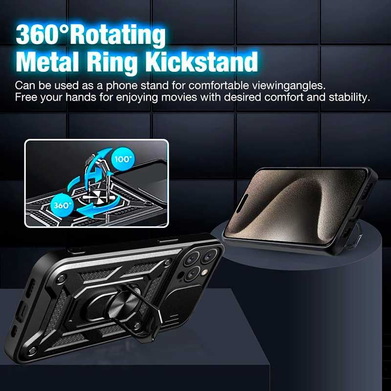 Funda Slide Armor con tapa para cámara y anillo metálico con soporte iPhone 15 Pro Max