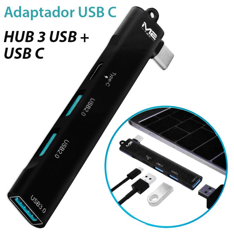 Adaptador Hub USB Tipo C acodado con 3 USB y USB Tipo C 4 en 1