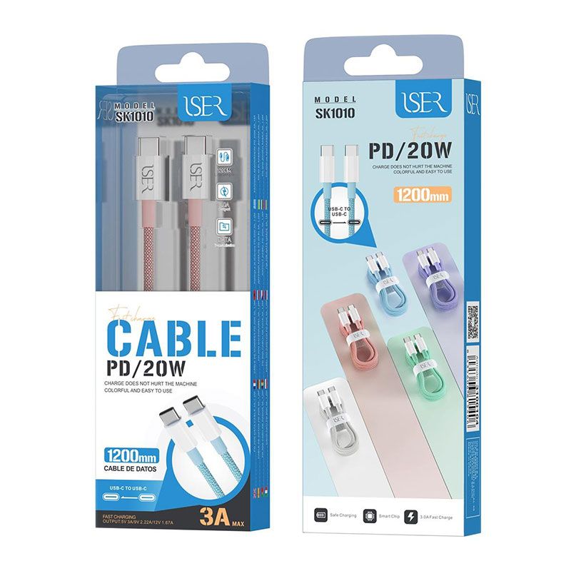 Cable trenzado de colores USB tipo C a USB tipo C PD20W y 3A