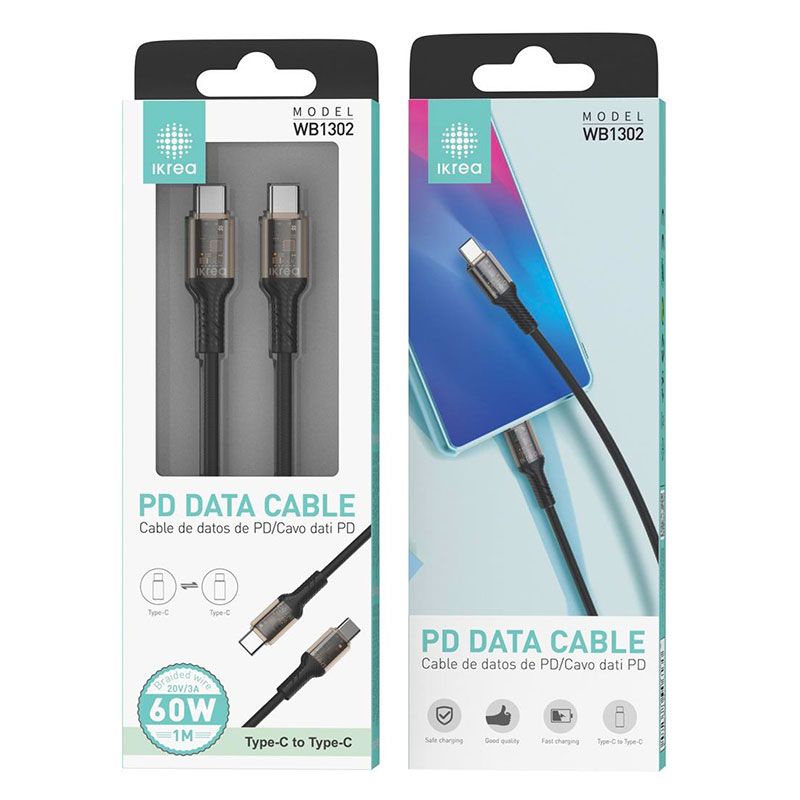 Cable Trenzado USB Tipo C a USB Tipo C PD 60W y 3A Negro