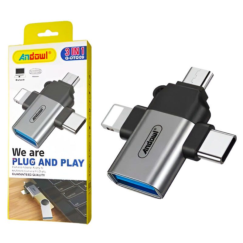 Adaptador OTG 3 en 1 con conector USB tipo C, Lightning, Micro USB y USB 3.0