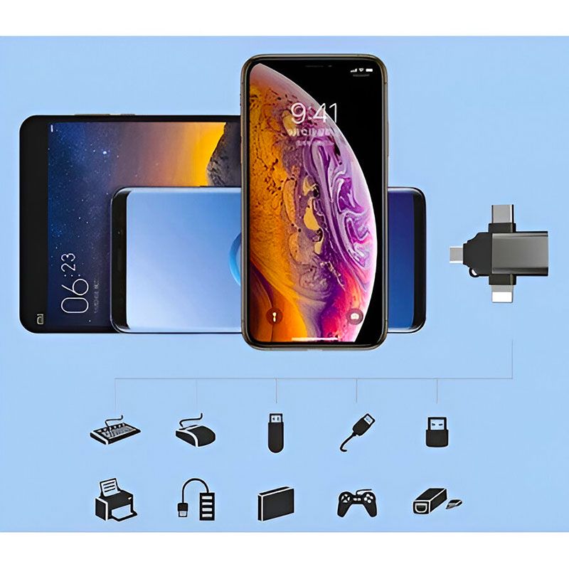 Adaptador OTG 3 en 1 con conector USB tipo C, Lightning, Micro USB y USB 3.0