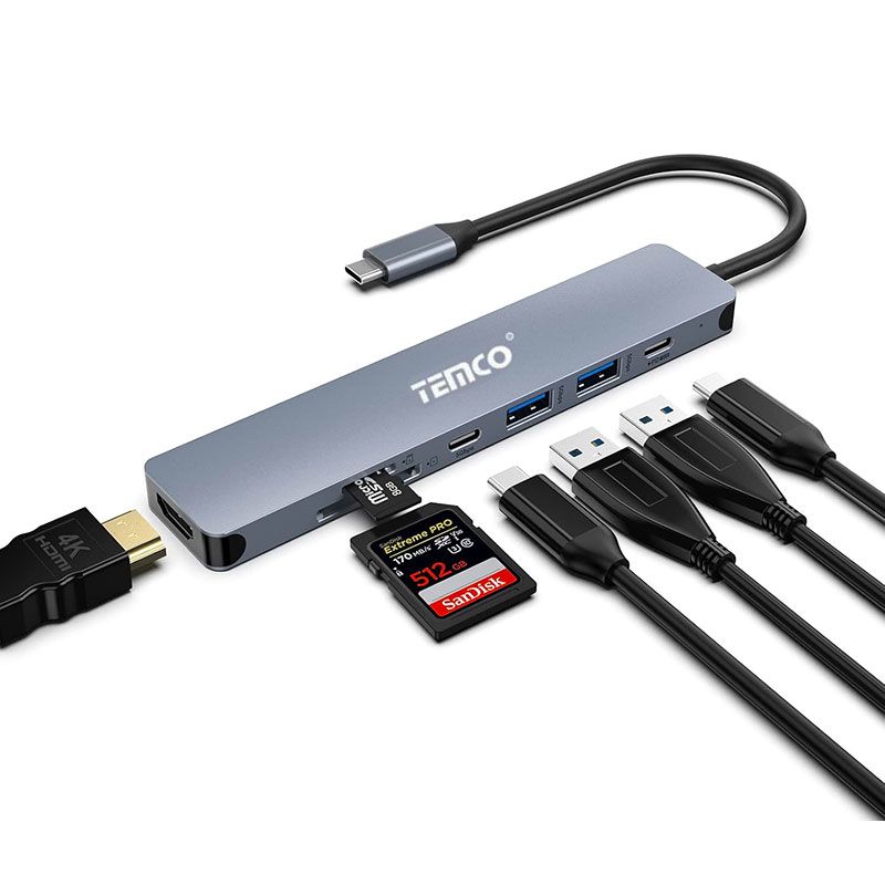 Adaptador Multipuerto USB C con HDMI 4K, USB 3.0, USB C PD y Lector de tarjetas