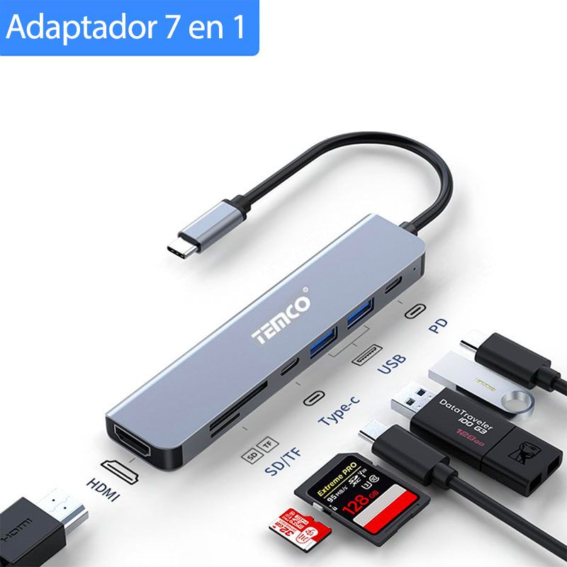 Adaptador Multipuerto USB C con HDMI 4K, USB 3.0, USB C PD y Lector de tarjetas
