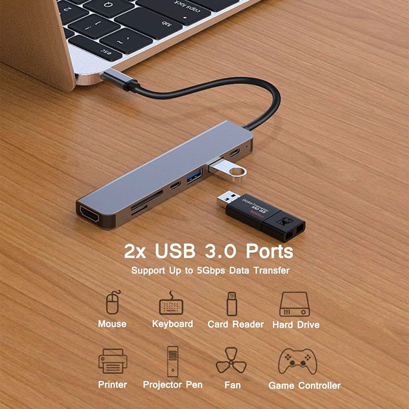 Adaptador Multipuerto USB C con HDMI 4K, USB 3.0, USB C PD y Lector de tarjetas