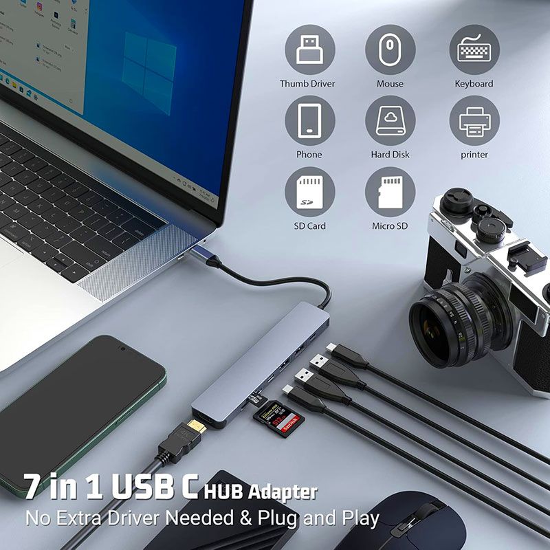 Adaptador Multipuerto USB C con HDMI 4K, USB 3.0, USB C PD y Lector de tarjetas
