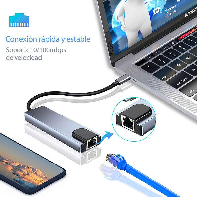 Adaptador Multipuerto USB C con HDMI 4K, USB 3.0, USB C PD y RJ45