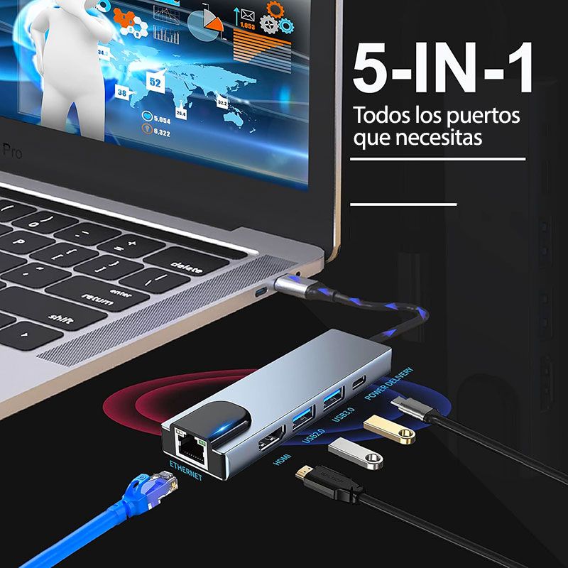 Adaptador Multipuerto USB C con HDMI 4K, USB 3.0, USB C PD y RJ45
