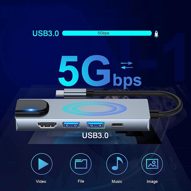Adaptador Multipuerto USB C con HDMI 4K, USB 3.0, USB C PD y RJ45