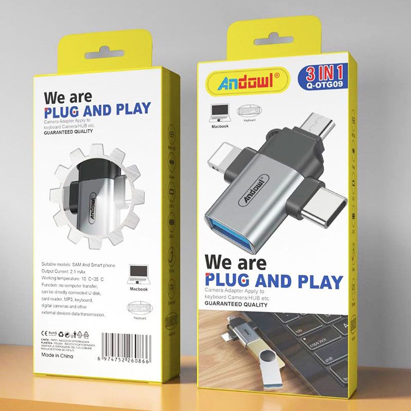 Adaptador OTG 3 en 1 con conector USB tipo C, Lightning, Micro USB y USB 3.0