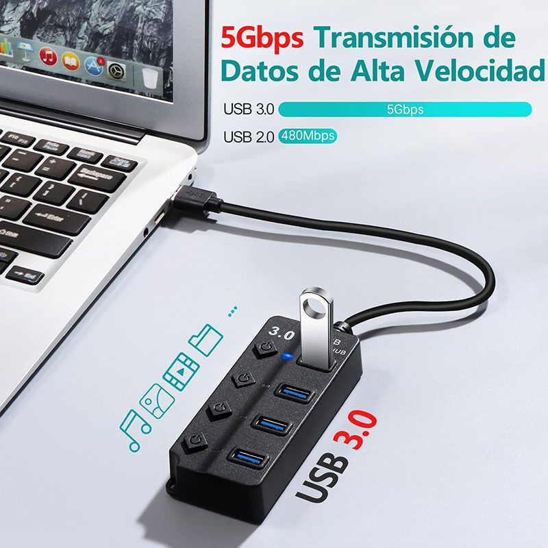Concentrador USB 3.0 de 4 Puertos con interruptor y luz led