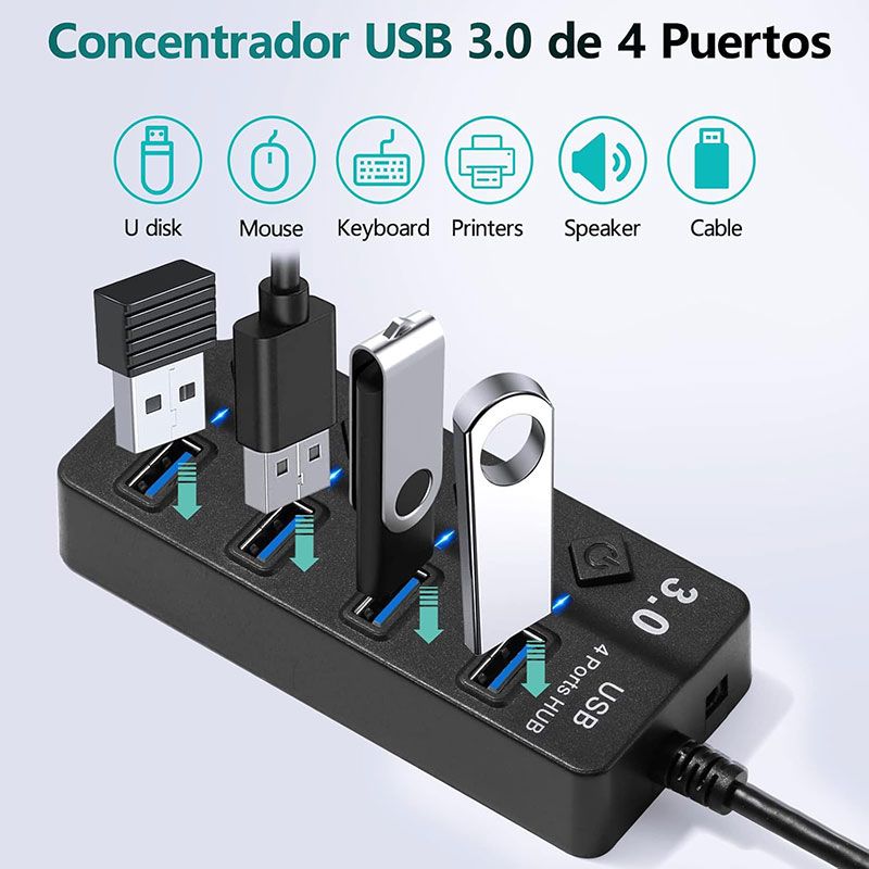 Concentrador USB 3.0 de 4 Puertos con interruptor y luz led