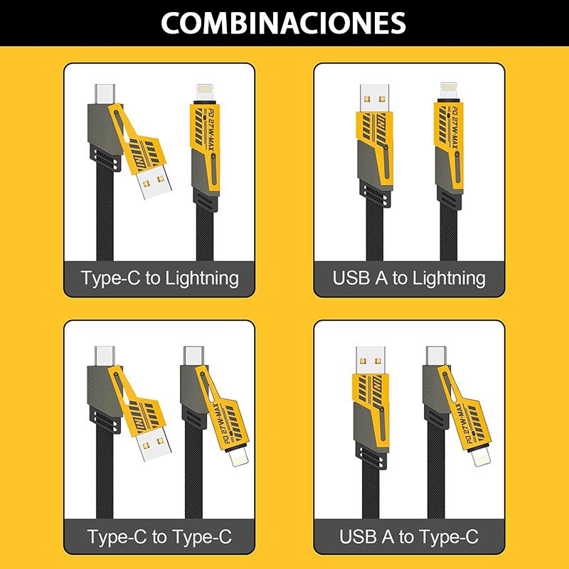 Cable 4 en 1 65W y 3A, USB y Tipo C a Lightning y Tipo C
