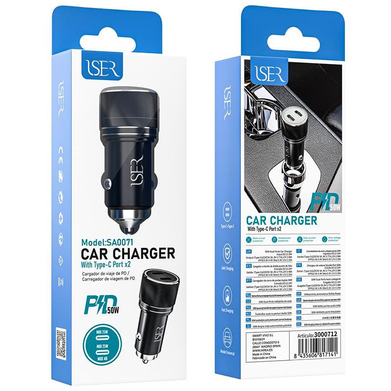 Cargador de Coche 50W con Doble Puerto Tipo C SA0071