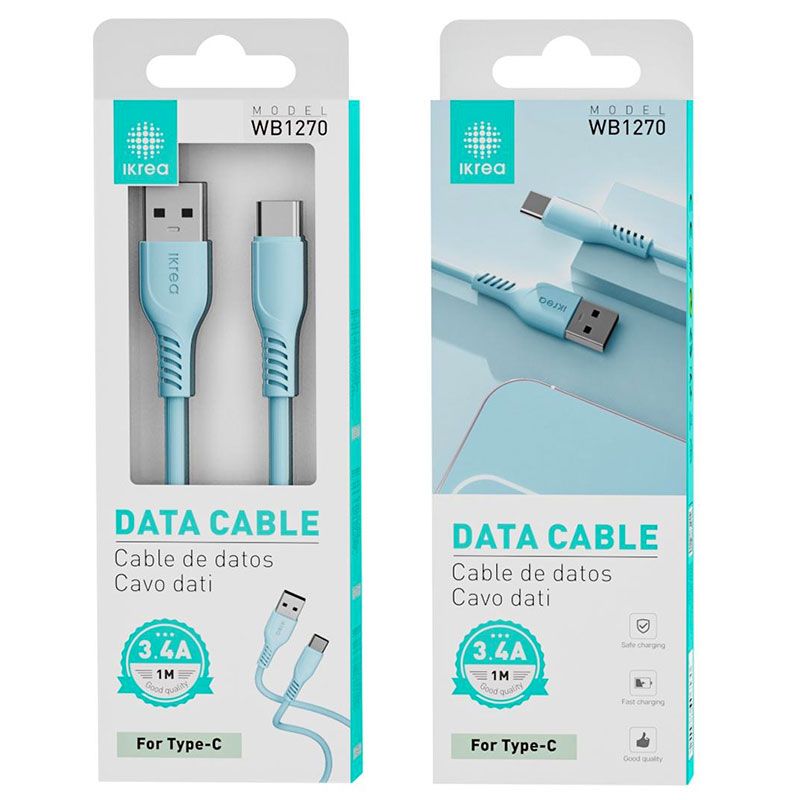 Cable Tipo C Azul 3.4A de Carga Rápida y 1 Metro