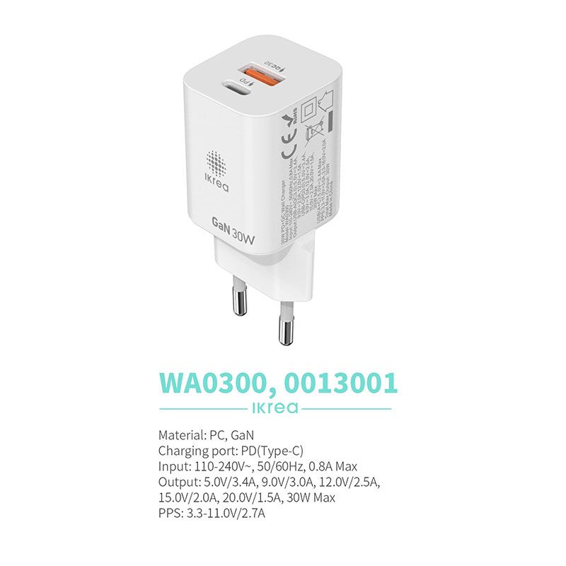 Cargador GaN 30W USB C + USB A WA0300