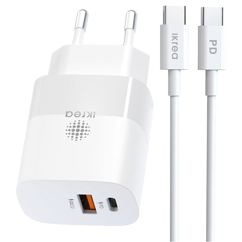 Cargador 30W con cable Tipo C a Tipo C 2 puertos PD + QC3.0