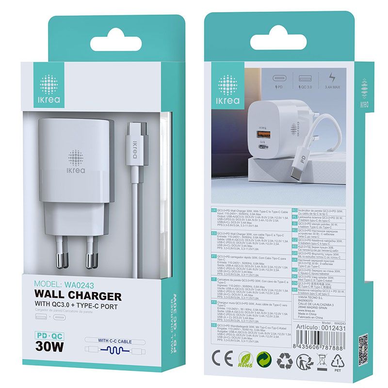 Cargador 30W con cable Tipo C a Tipo C 2 puertos PD + QC3.0