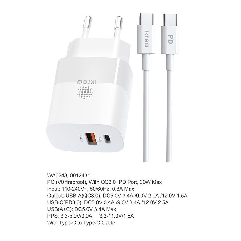 Cargador 30W con cable Tipo C a Tipo C 2 puertos PD + QC3.0