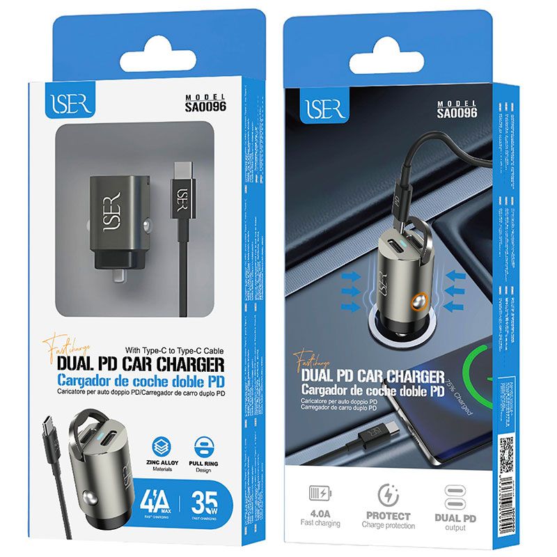 Cargador de Coche 35W con 2 Puertos Tipo C + Cable Tipo C