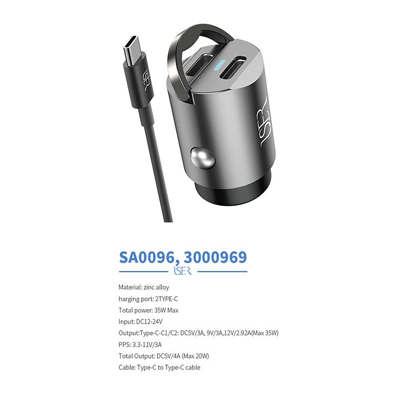 Cargador de Coche 35W con 2 Puertos Tipo C + Cable Tipo C