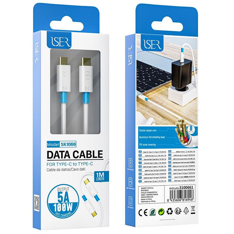 Cable Tipo C a Tipo C 100W 5A SK1066 Blanco