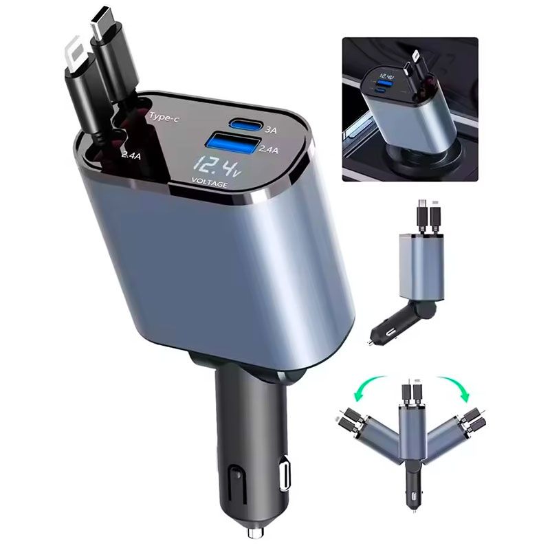 Cargador de Coche 120W 4 en 1 con cable retráctil
