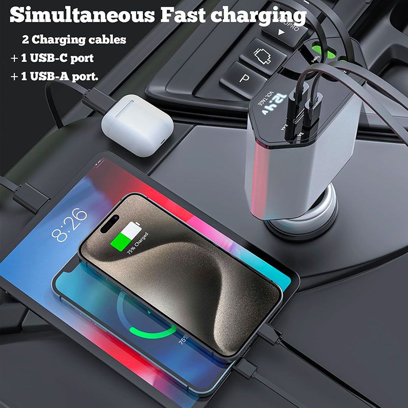 Cargador de Coche 120W 4 en 1 con cable retráctil