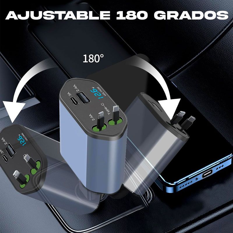 Cargador de Coche 120W 4 en 1 con cable retráctil