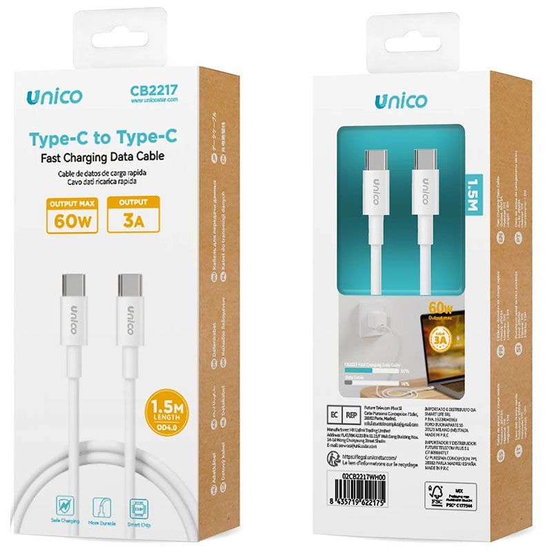 Cable USB Tipo C a Tipo C de 60W y 1.5 Metros