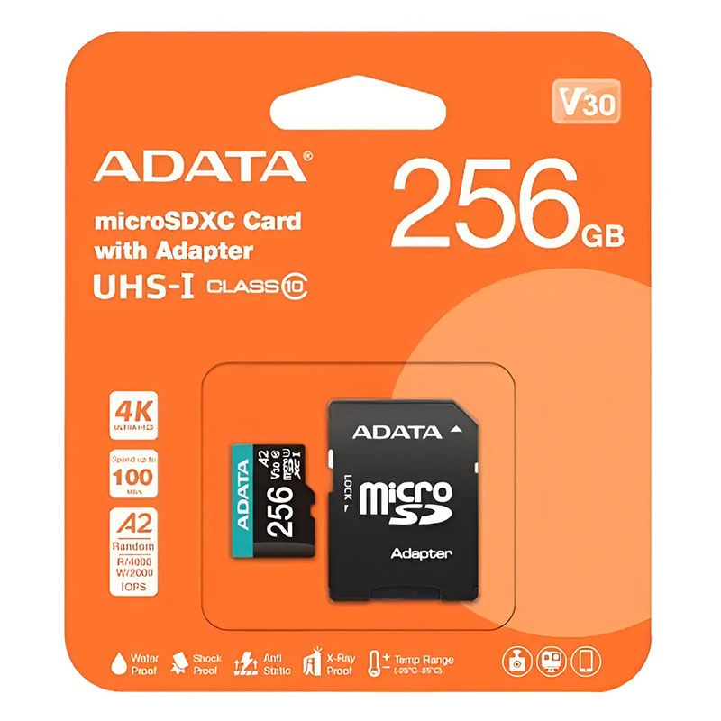 Tarjeta microSD ADATA 256GB UHS-I U3 V30 Clase 10 con Adaptador