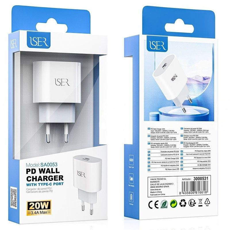 Cargador Usb C PD 20W 3.4A de Carga rápida