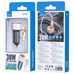 Cargador de coche 38W USB + USB C con Cable Tipo C SA0107