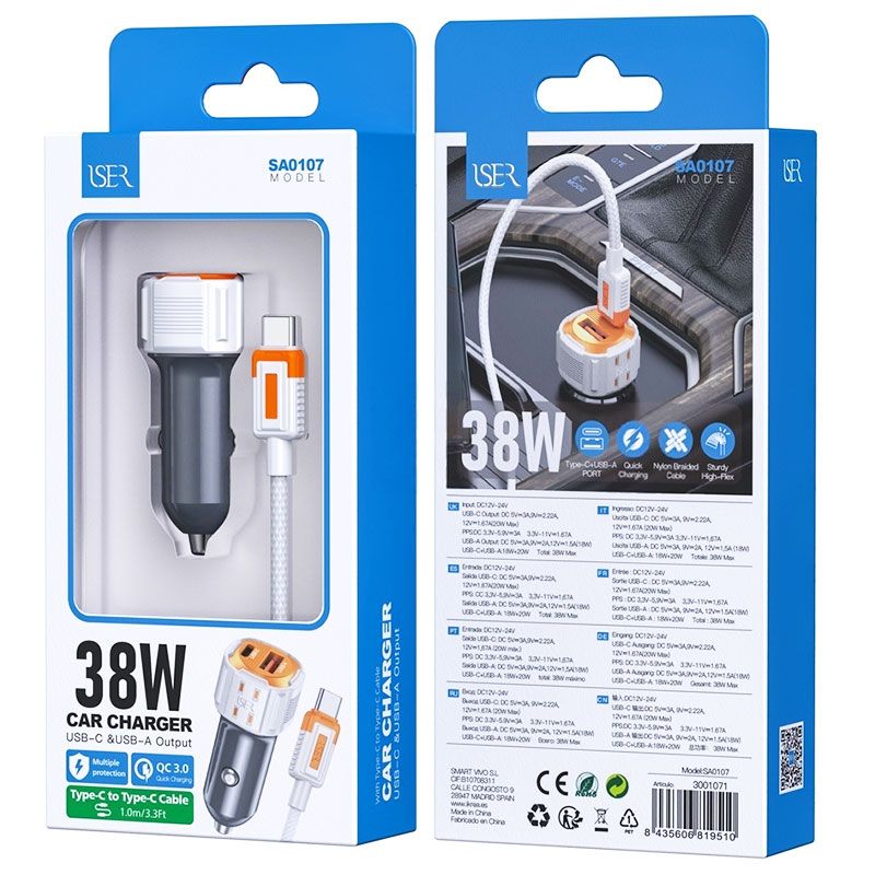 Cargador de coche 38W USB + USB C con Cable Tipo C SA0107
