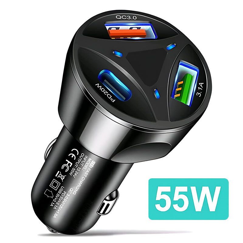 Cargador de Coche triple 55W Tipo C + Doble USB