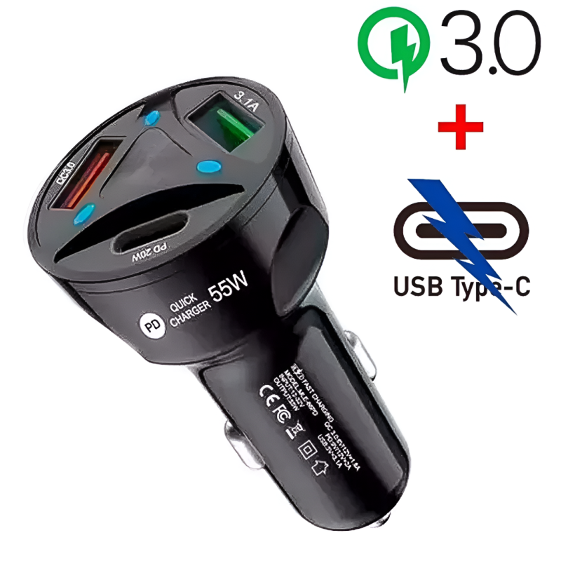 Cargador de Coche triple 55W Tipo C + Doble USB