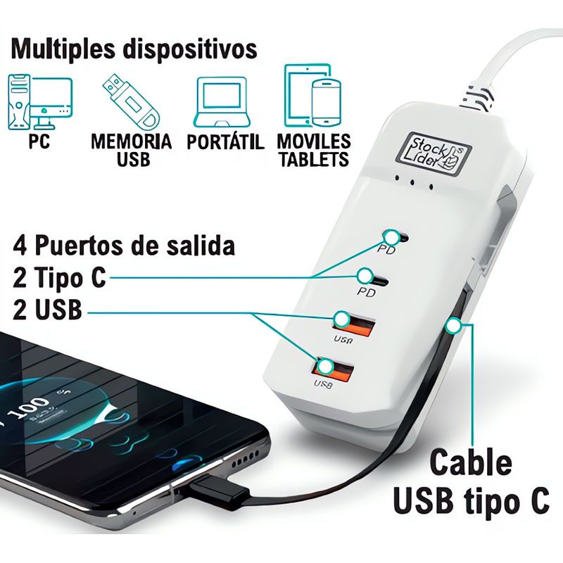Regleta USB Tipo C y USB de 60W 4 + 1 con carga rápida
