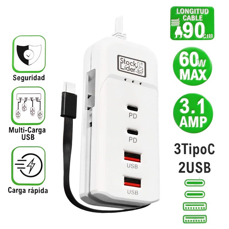 Regleta USB Tipo C y USB de 60W 4 + 1 con carga rápida