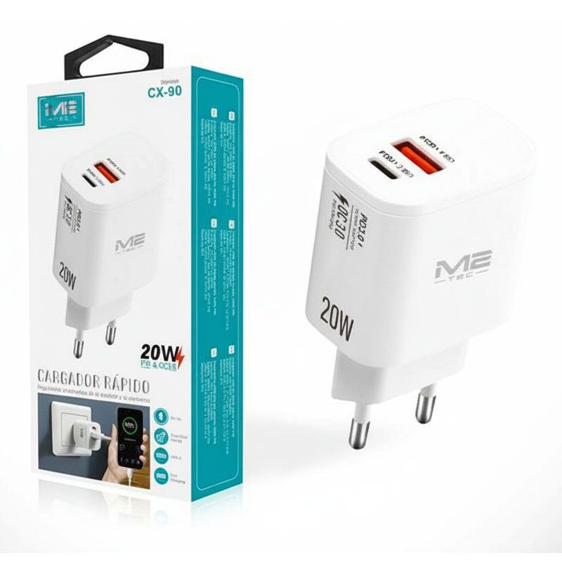 Cargador Doble Usb C PD 3.0 y Usb QC 3.0, Carga rápida 20W 3A