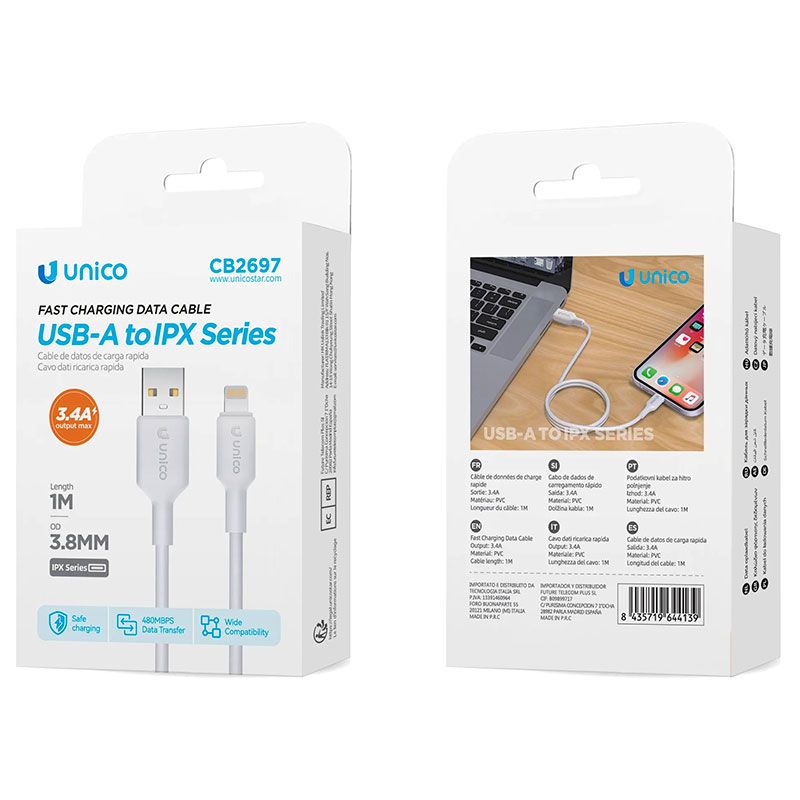 Cable Lightning blanco 3.4A de Carga Rápida y 1 Metro iPhone y iPad