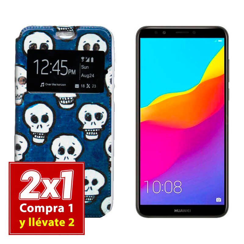 Funda con Tapa y Ventana Huawei Y7 2018 Dibujo calaveras